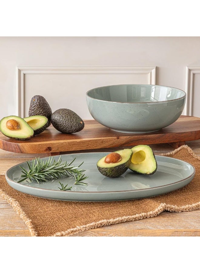 over&back Options Stoneware 2 Piece Serving Set, Durable Everyday Serveware, 1 x Serving Bowl - 25.7 cm / 2.89 L & 1 x Serving Platter - 40.8 x 27.3 cm - Sage Green - Image 1